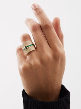 Shay Buckle diamond, emerald & 18kt gold ring
