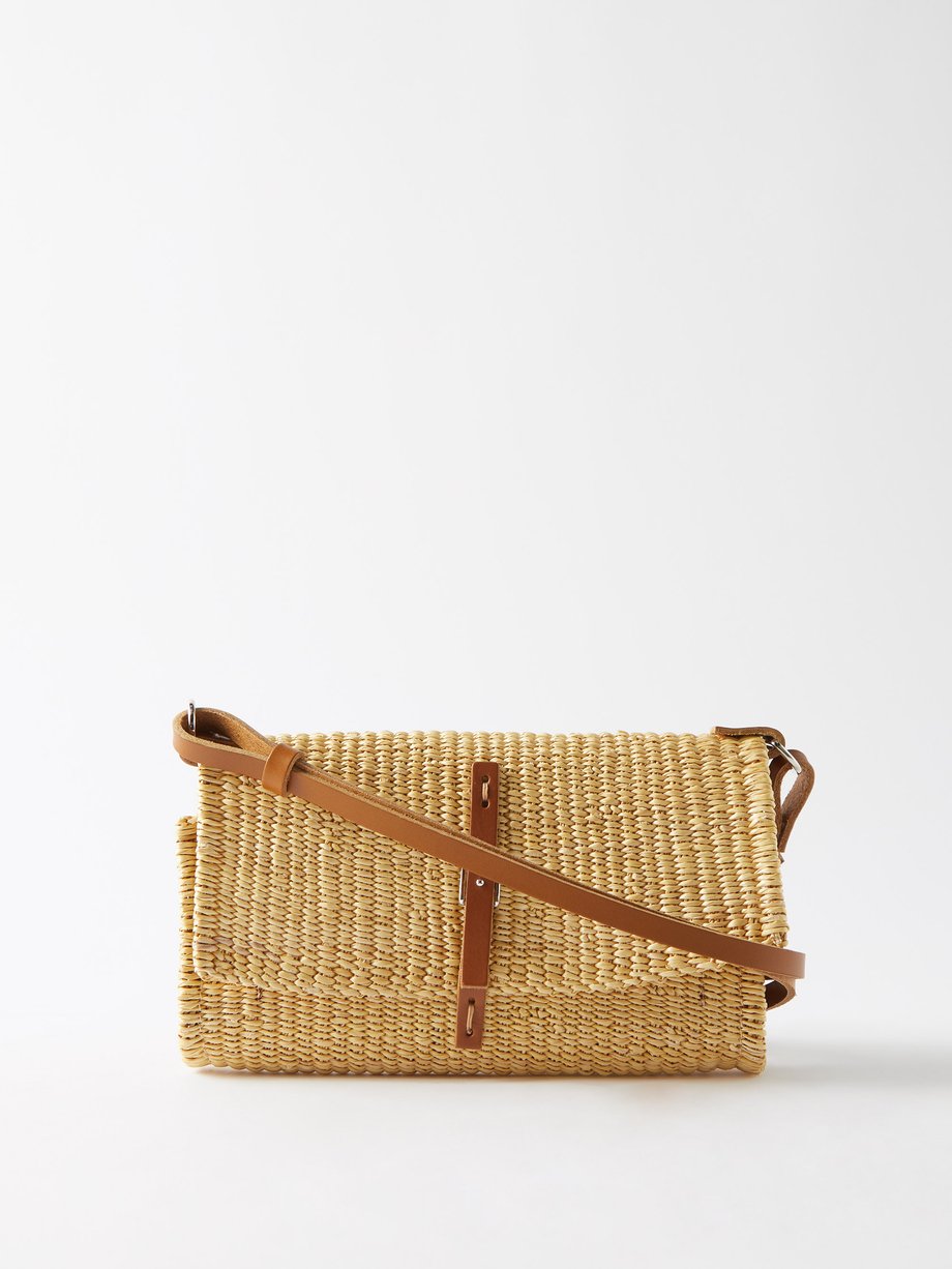 Beige Leather-trim straw clutch bag | Muuñ | MATCHES UK