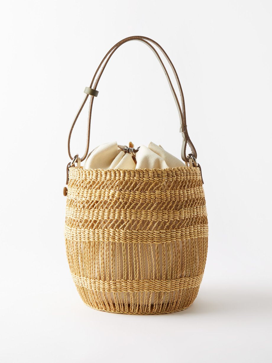 Beige Minette leather-trim woven bucket bag, Muuñ