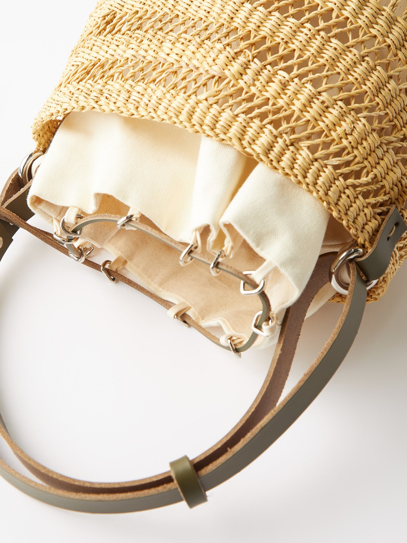 Beige Minette leather-trim woven bucket bag, Muuñ