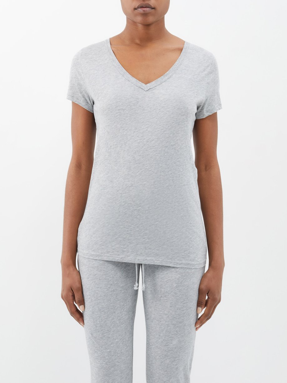 Grey V-neck Pima-cotton jersey pyjama top, Skin