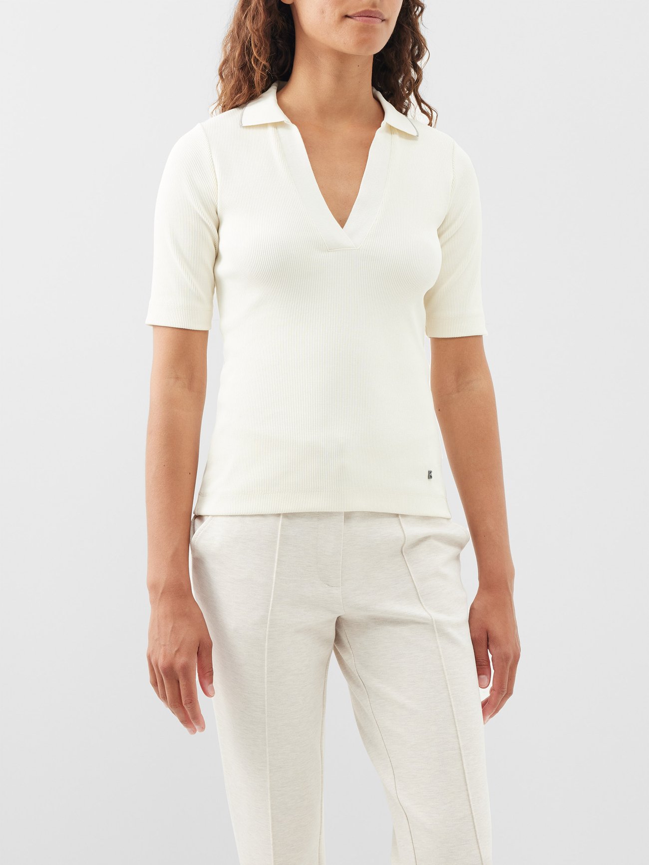 White Zadie open-collar rib-knit cotton-blend polo shirt, Bogner