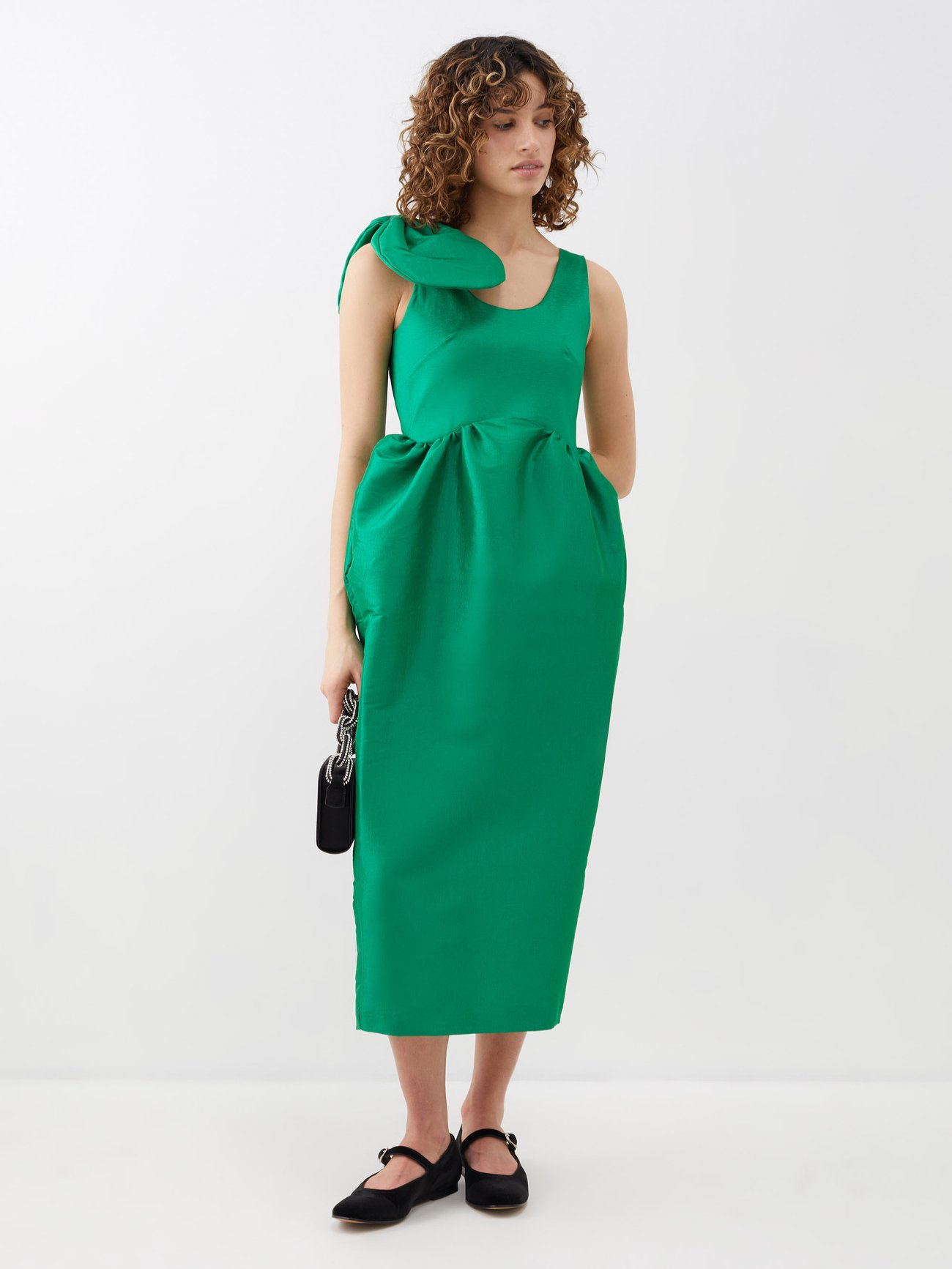 Green Anne bow-shoulder taffeta midi dress | Kika Vargas | MATCHES UK