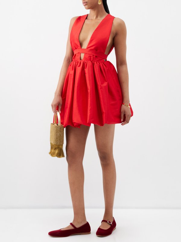 Red Hilma plunge-neck taffeta mini dress, Kika Vargas