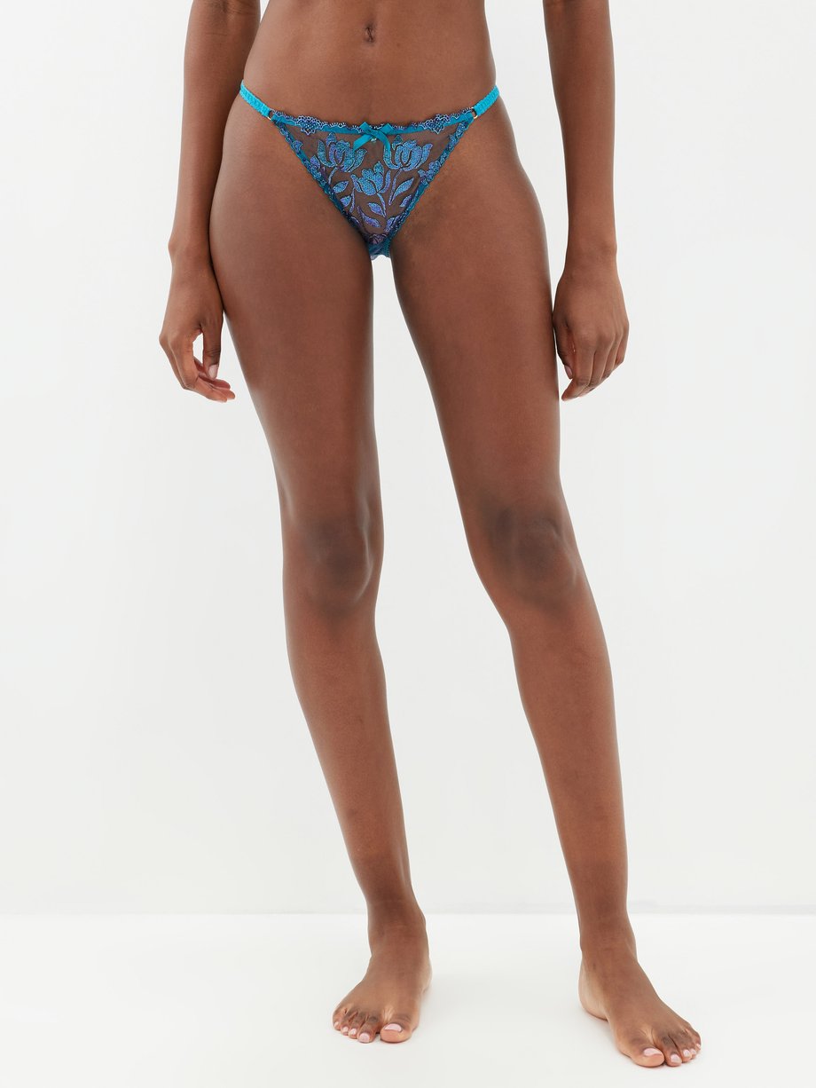 Blue Sparkle floral-embroidered tulle briefs