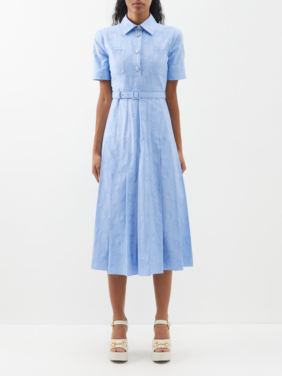 Light blue GG-print belted cotton-poplin shirt dress | Gucci | MATCHES UK