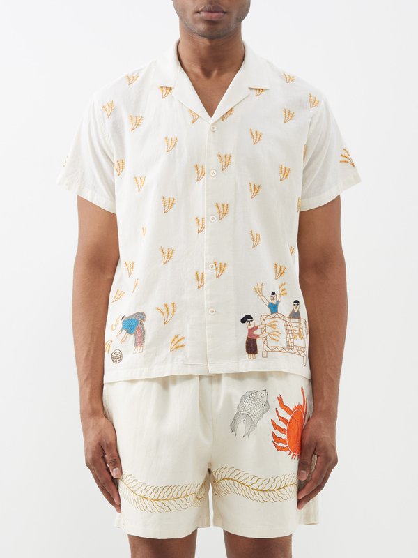 HARAGO Farm-embroidered cotton short-sleeved shirt