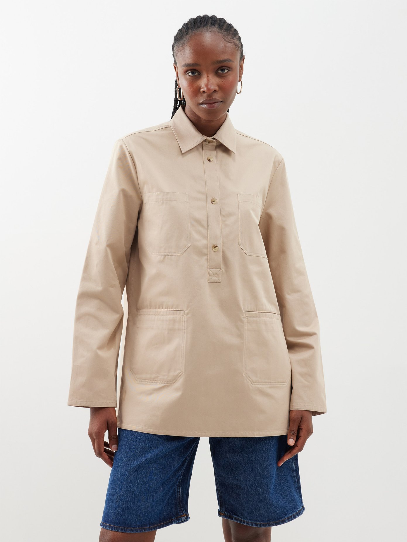 토템 Toteme Half-button organic-cotton shirt,Camel