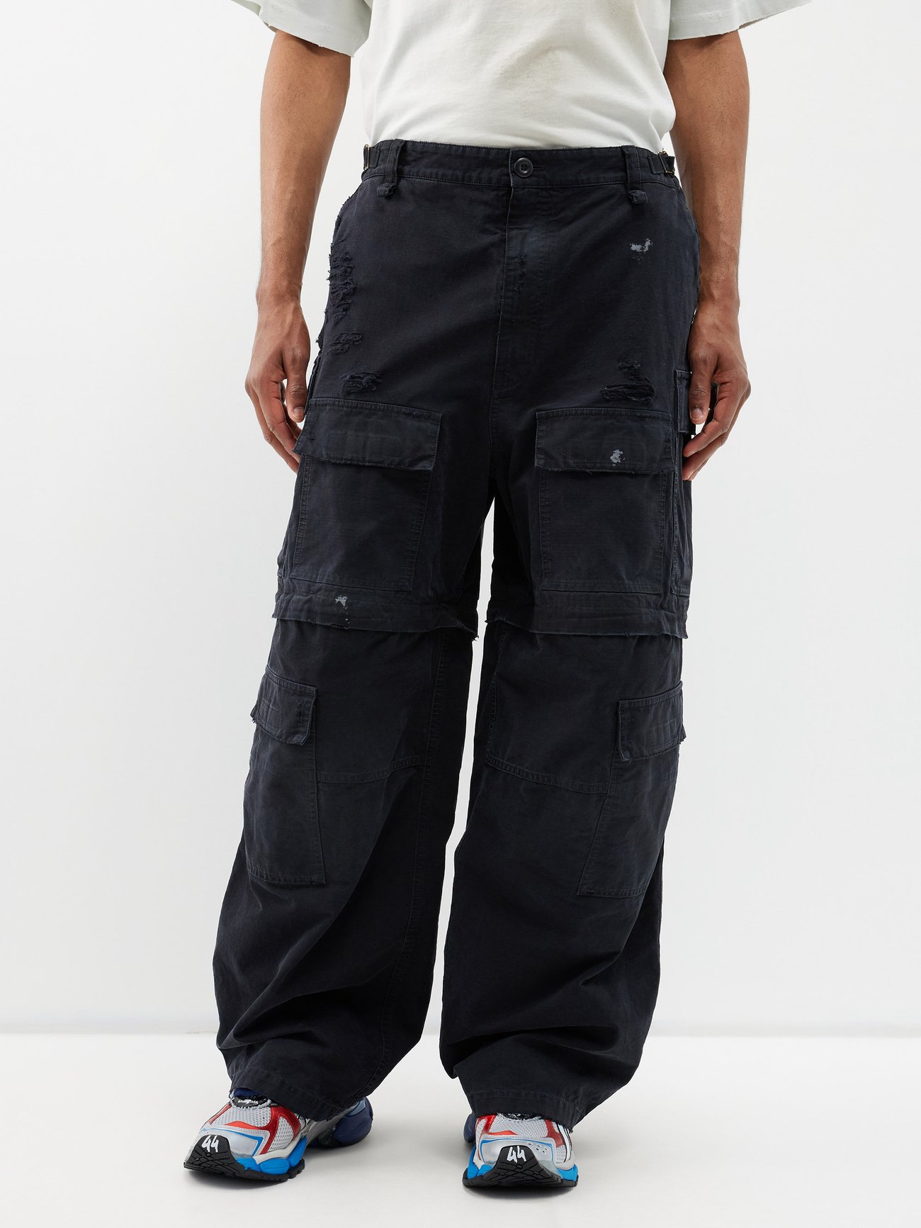 Black Distressed cotton-ripstop cargo trousers | Balenciaga ...