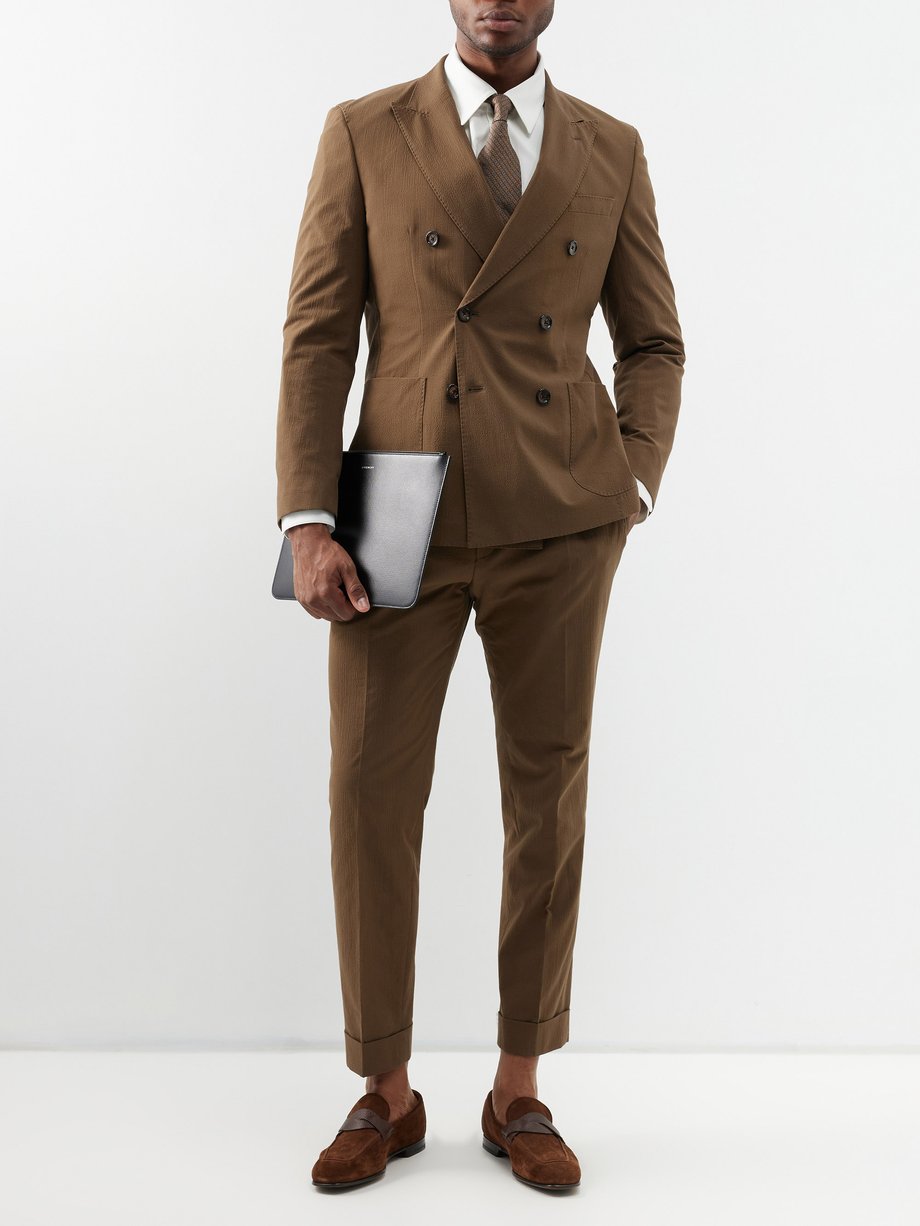 Brown Double-breasted cotton-blend seersucker suit | BOSS | MATCHES UK