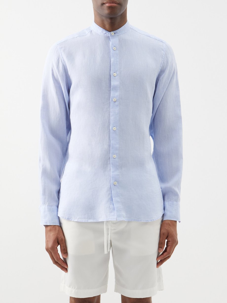 Blue Jorge stand-collar linen-poplin shirt | Frescobol Carioca | MATCHES UK