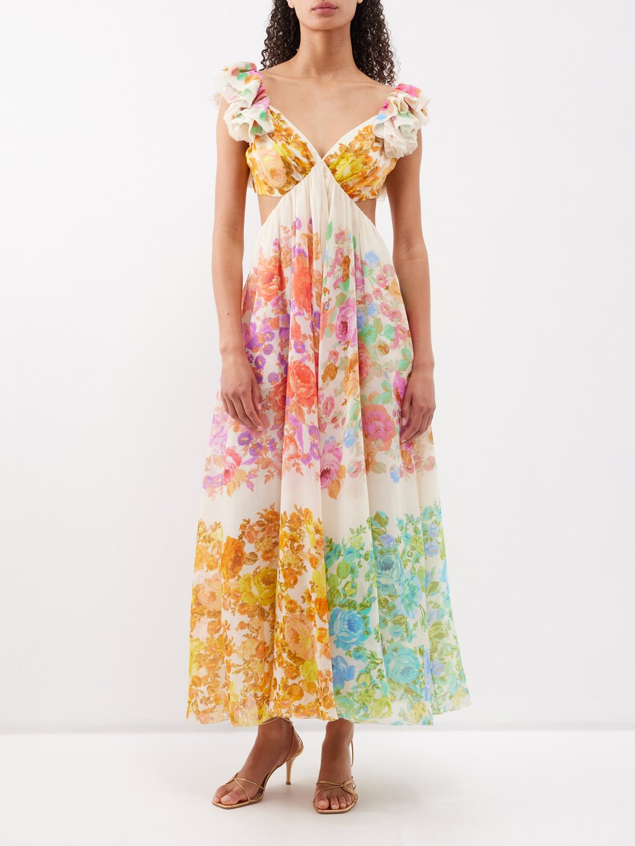 Cream multi Raie ruffled floral-print cotton-blend dress | Zimmermann ...
