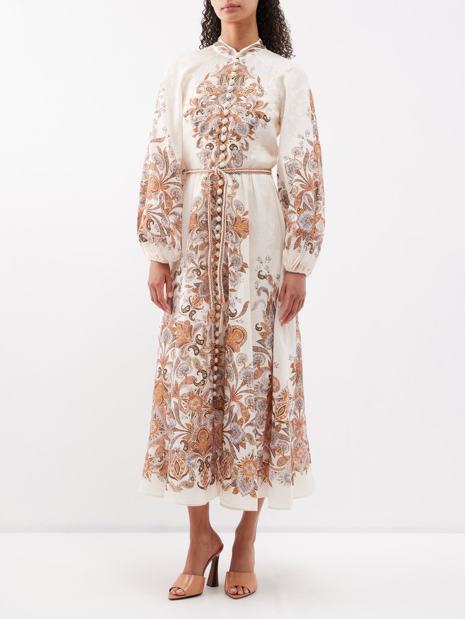 Zimmermann ジマーマン Devi paisley-embroidered belted linen midi dress CREAM