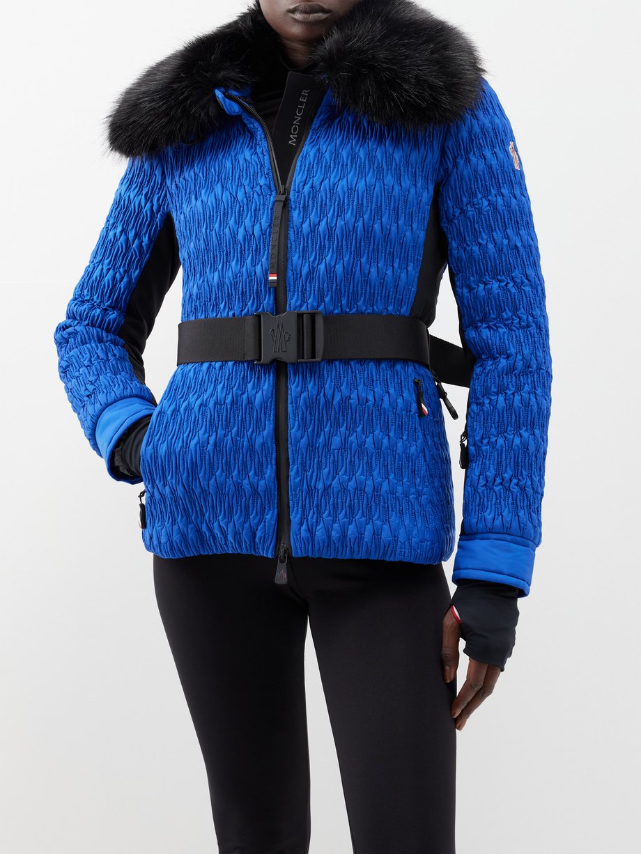 Blue Plantrey faux-fur collar belted ski jacket, Moncler Grenoble