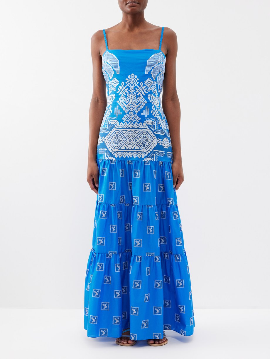 Blue Amancay geometric-pattern cotton maxi dress, Johanna Ortiz