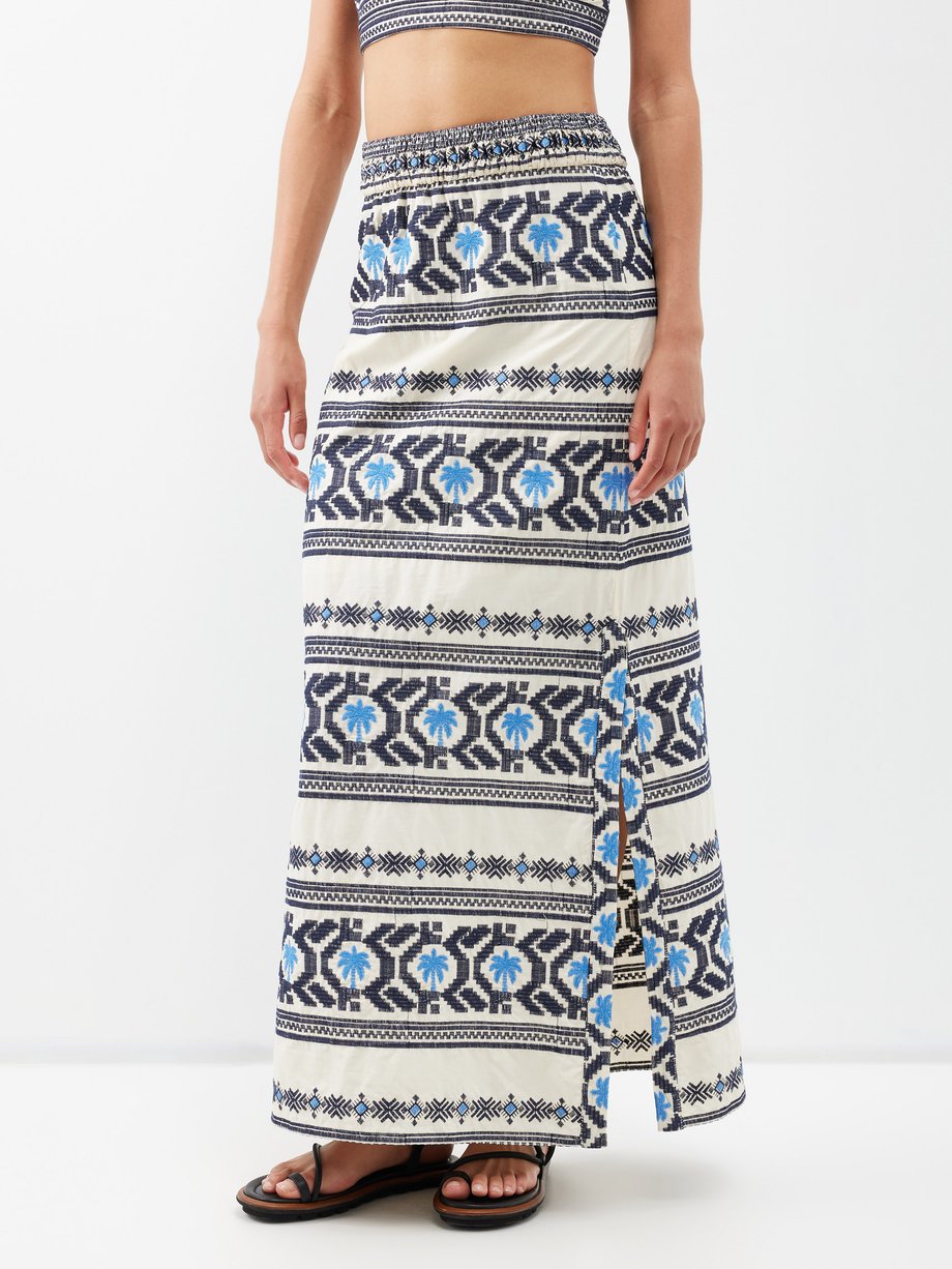 Blue Namtrik palm-embroidery cotton-voile maxi skirt | Johanna Ortiz ...