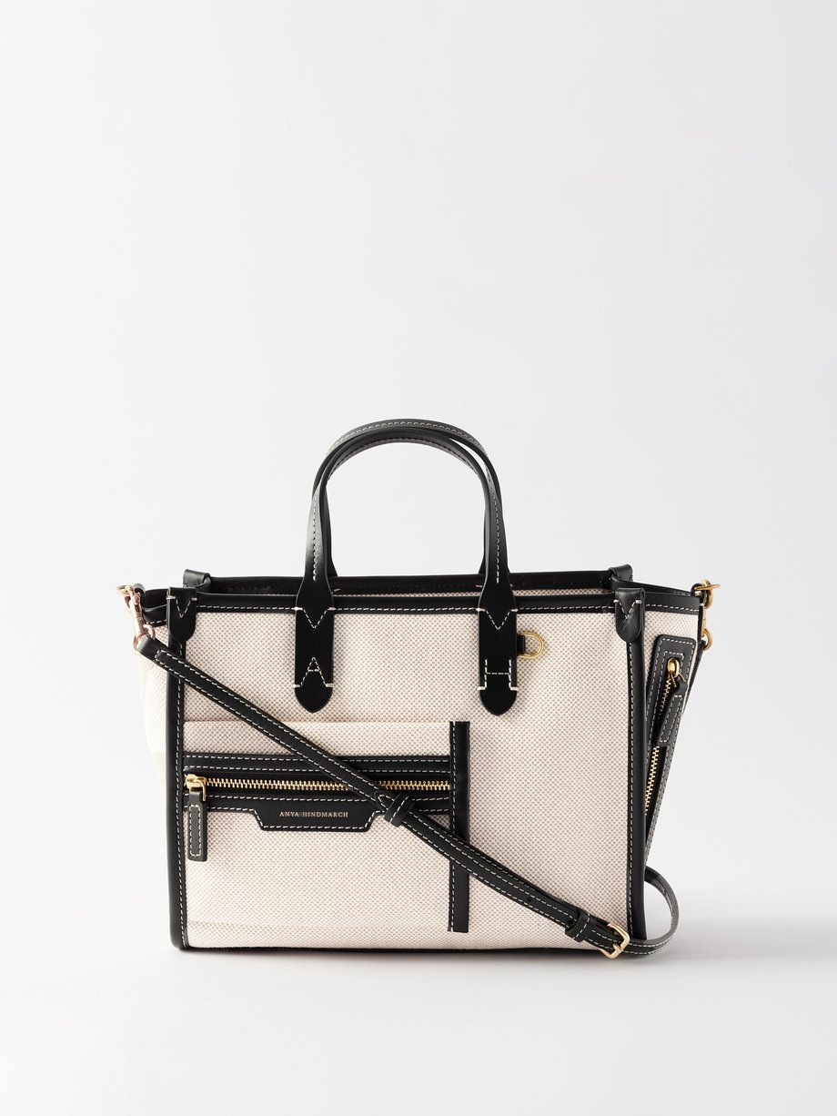Beige Pocket leather-trim canvas cross-body bag, Anya Hindmarch
