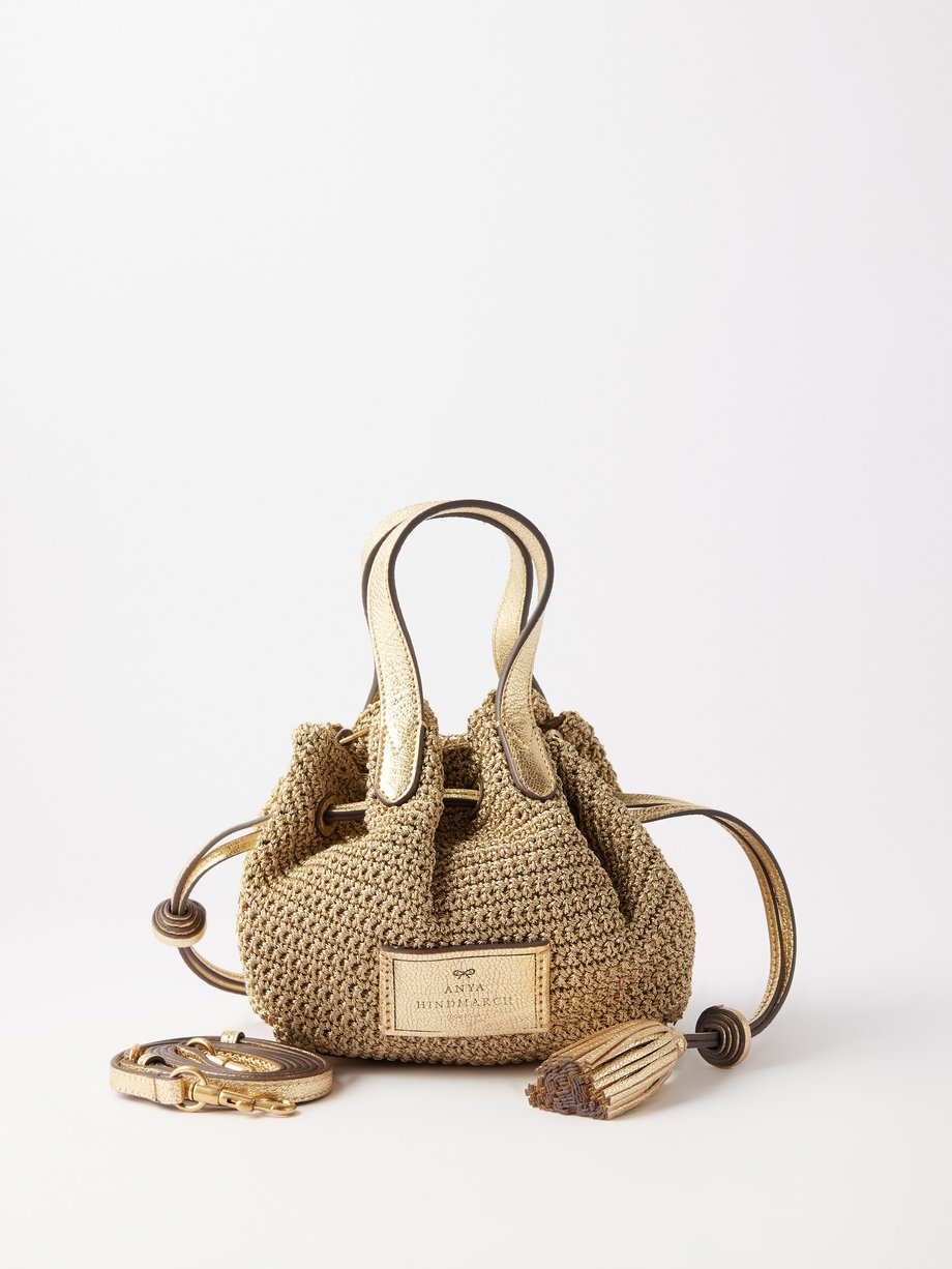 Anya Hindmarch Small Raffia and Leather Drawstring Tote Bag