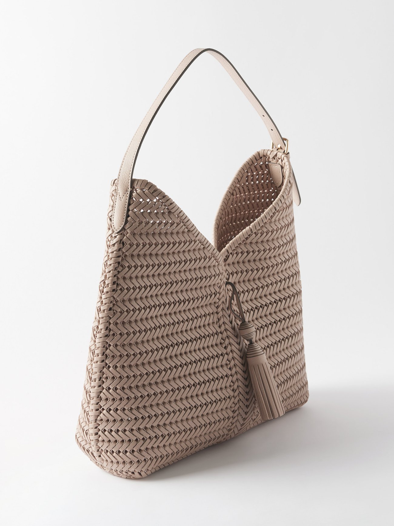 Beige Neeson tassel braided-leather hobo bag