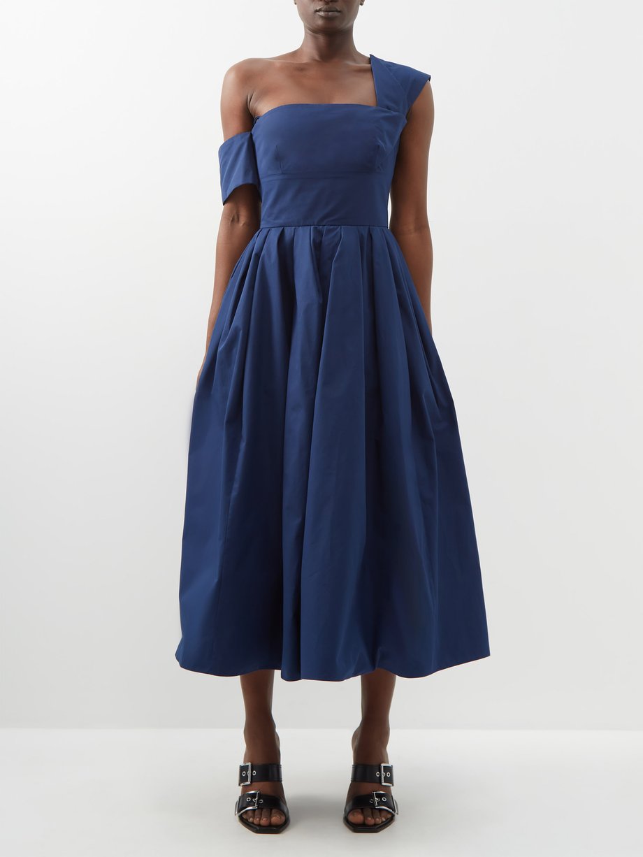 Blue One-shoulder cotton-poplin midi dress | Alexander McQueen ...