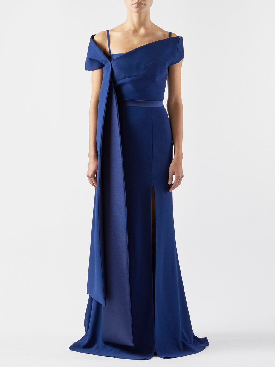 Blue Side-slit off-the-shoulder crepe gown | Alexander McQueen ...