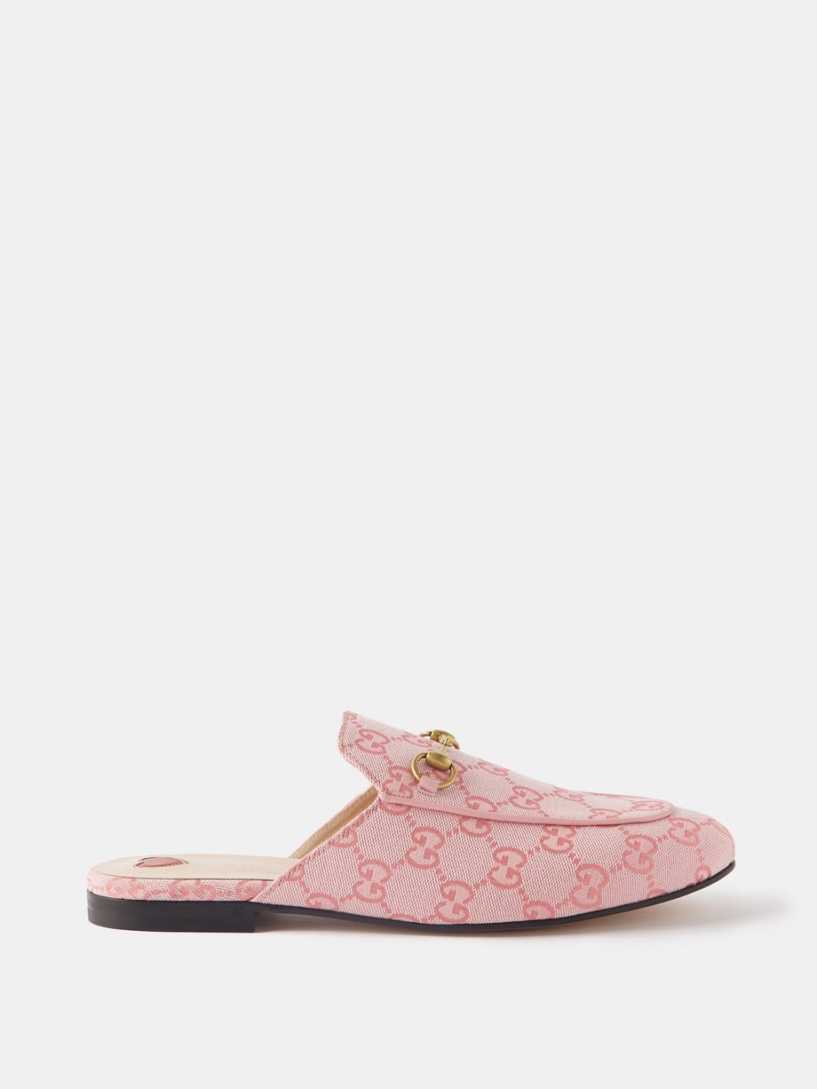 Pink Princetown GG-Supreme canvas backless loafers | Gucci ...