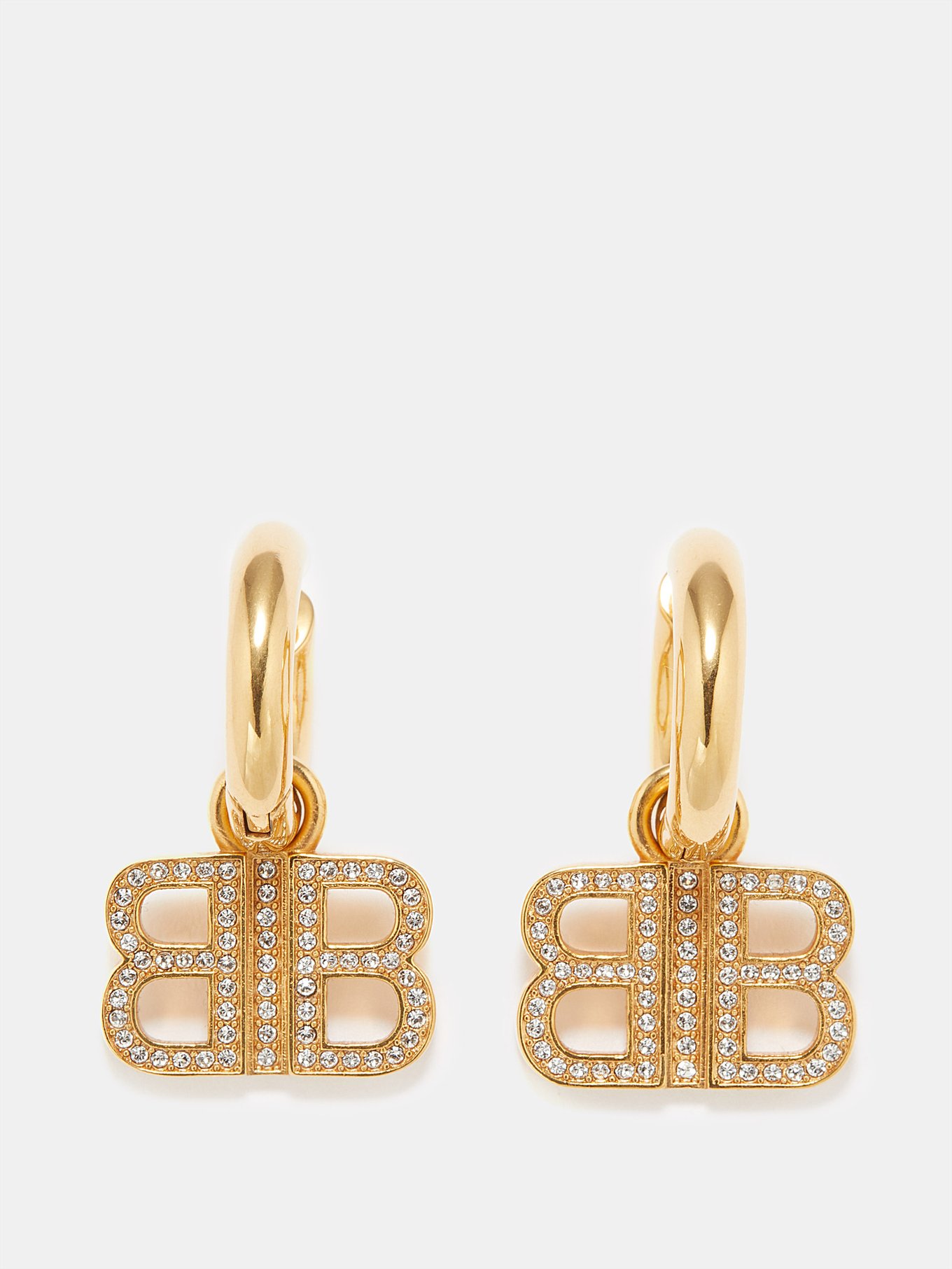 Gold BB 2.0 crystal-embellished hoop earrings | Balenciaga