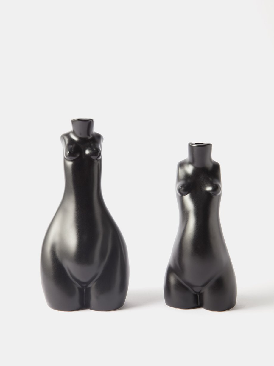 Black Set of two Tit for Tat earthenware candleholders Anissa