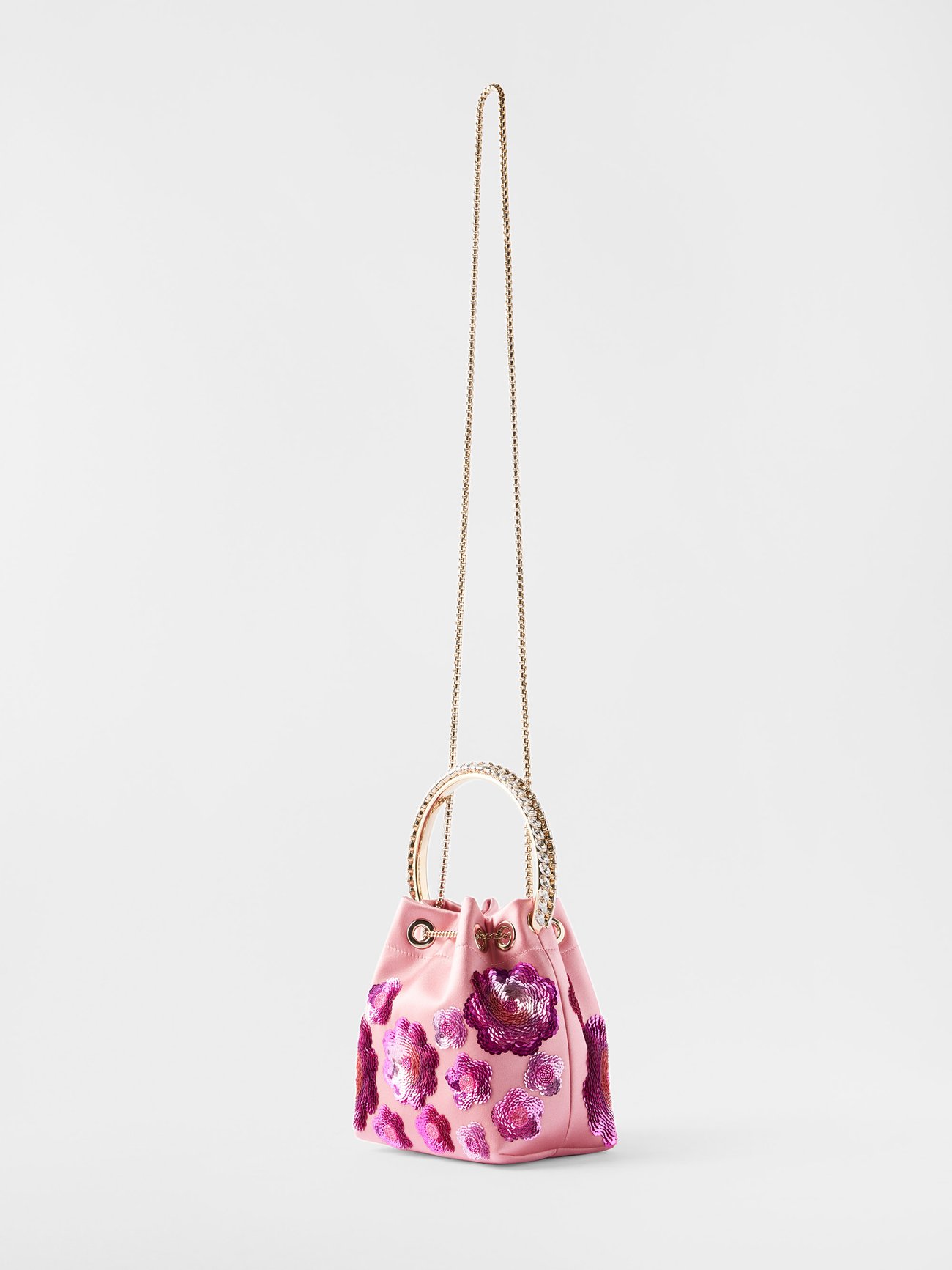 Jimmy Choo Bon Bon Floral Detail Handle Satin Bucket Bag