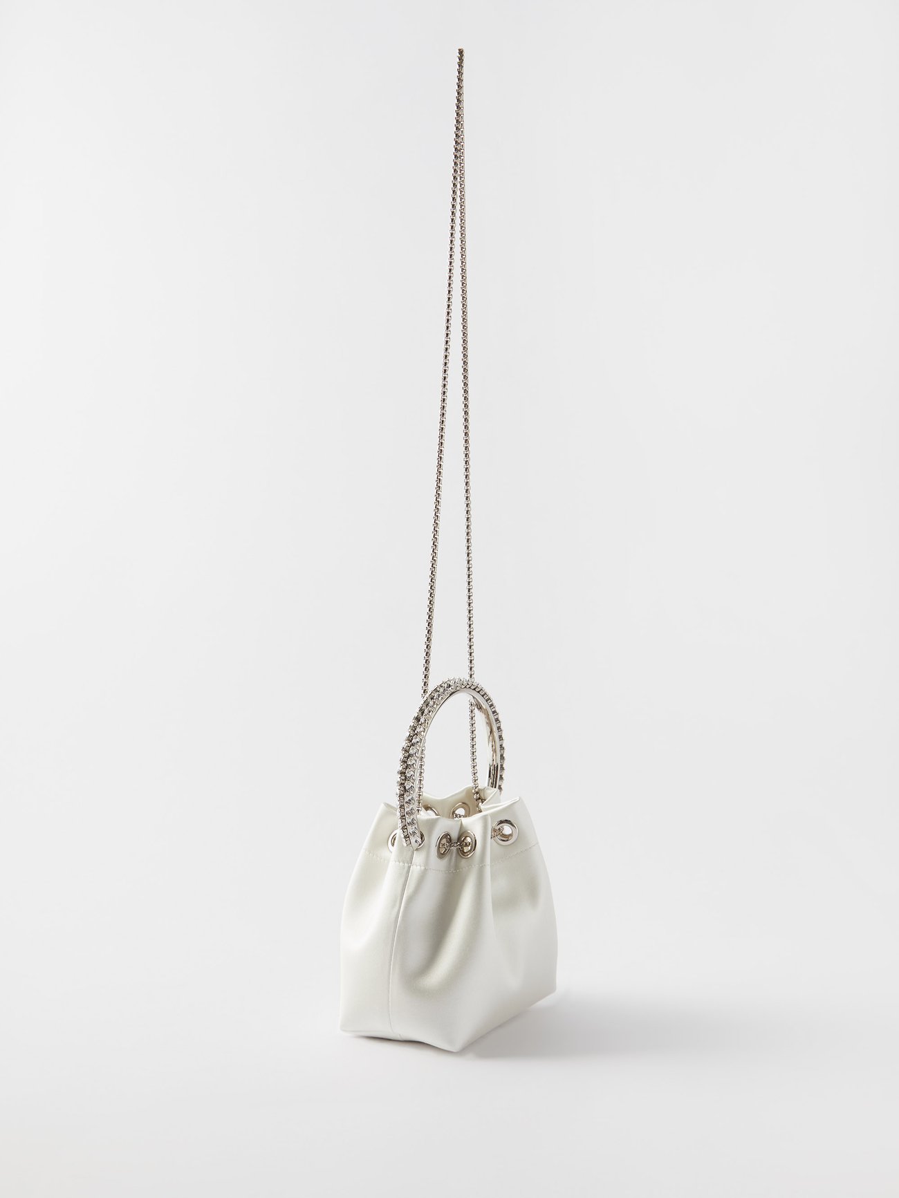 White Bon Bon crystal-handle satin bucket bag | Jimmy Choo