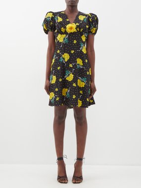 Rodarte Puff-sleeve floral-print silk mini dress