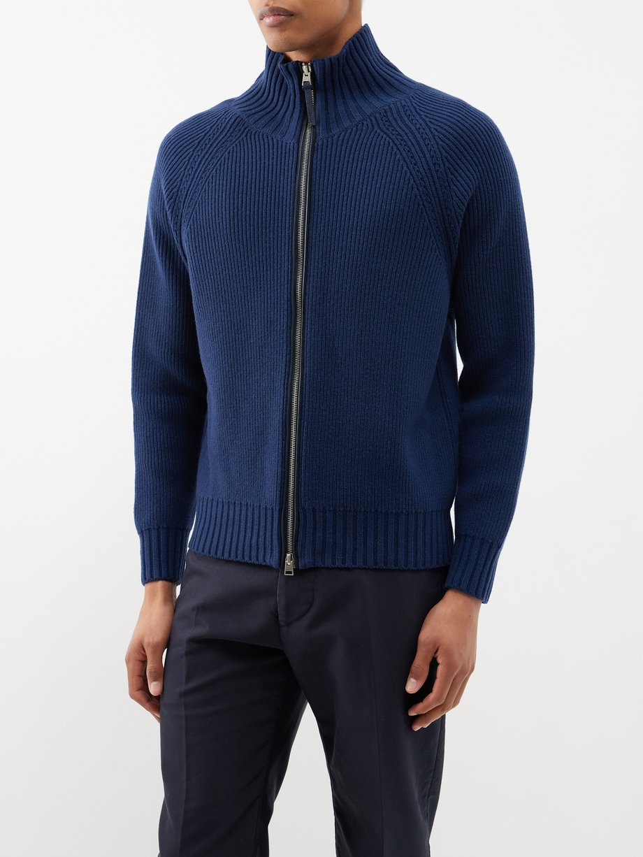 Navy High-neck zipped wool-blend cardigan | Tom Ford | MATCHES US