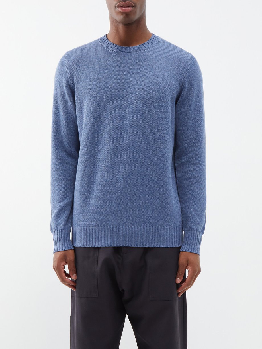 Blue Crew-neck knitted cotton sweater | Ghiaia Cashmere | MATCHES UK