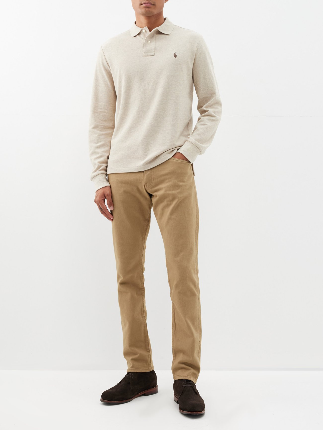 Polo Ralph Lauren Icon Logo Slim Fit Long Sleeve Pique Polo in Beige heather-Neutral