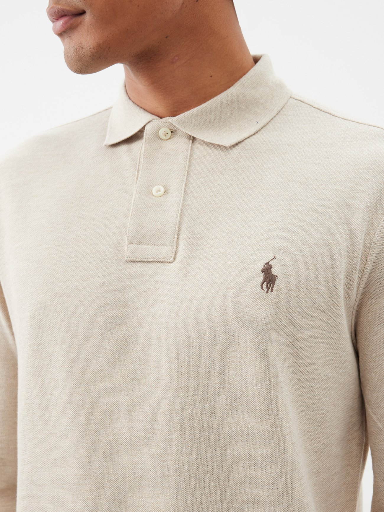 Polo Ralph Lauren Icon Logo Slim Fit Long Sleeve Pique Polo in Beige heather-Neutral