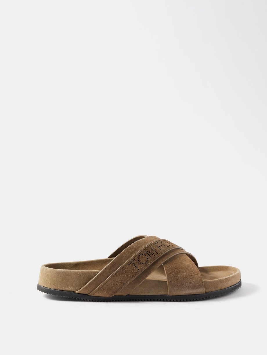 Brown Logo-perforated suede slides | Tom Ford | MATCHESFASHION AU