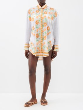 Juliet Dunn Floral-embroidered cotton longline shirt