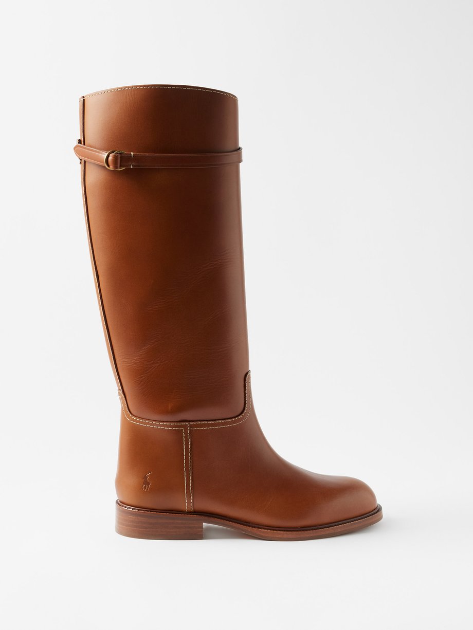 Brown Logo-debossed leather knee-high boots | Polo Ralph Lauren