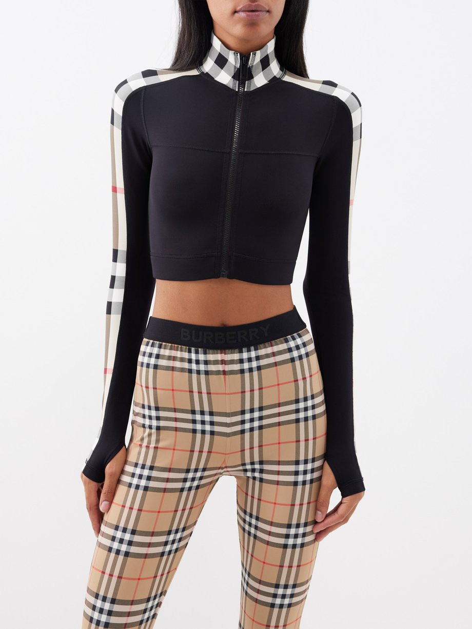 Black Cropped check-trim jersey track jacket | Burberry | MATCHES AU