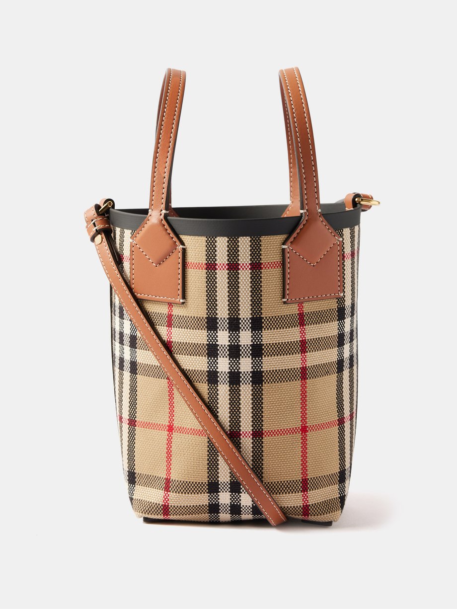 Small leather-trimmed checked cotton-canvas tote