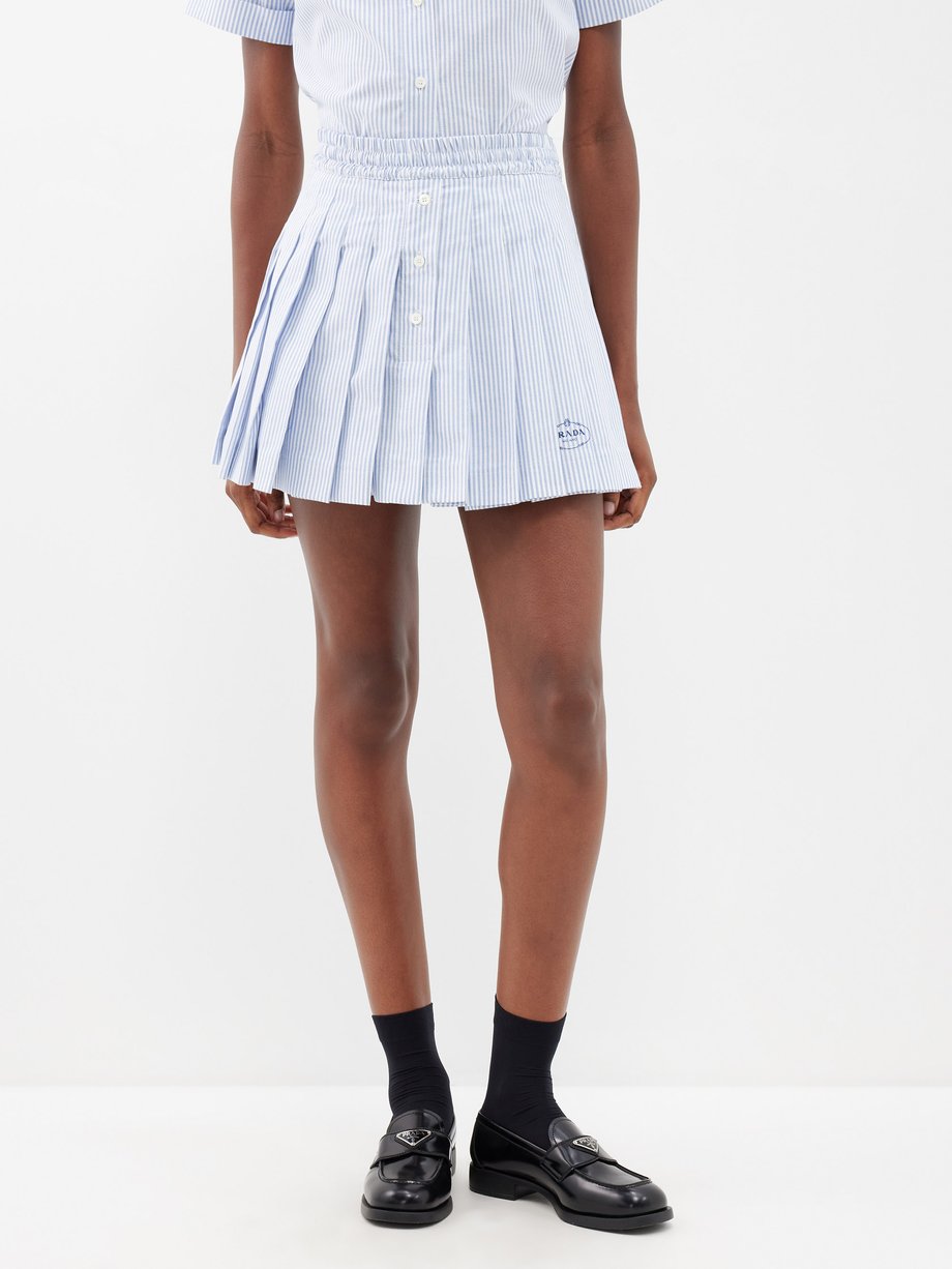 Blue Logo-embroidered pleated cotton-blend mini skirt | Prada | MATCHES UK