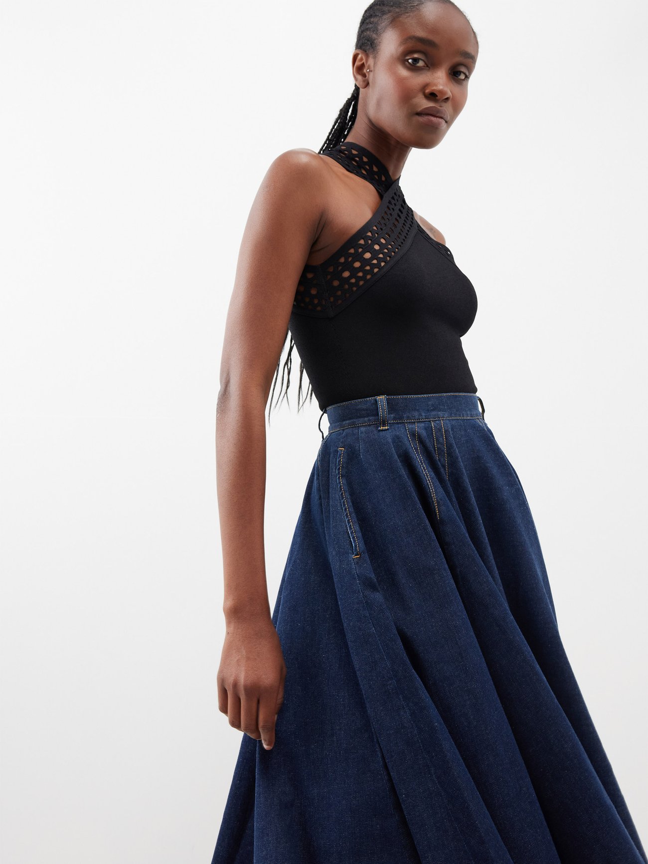 Blue Flared cotton-blend denim midi skirt, ALAÏA
