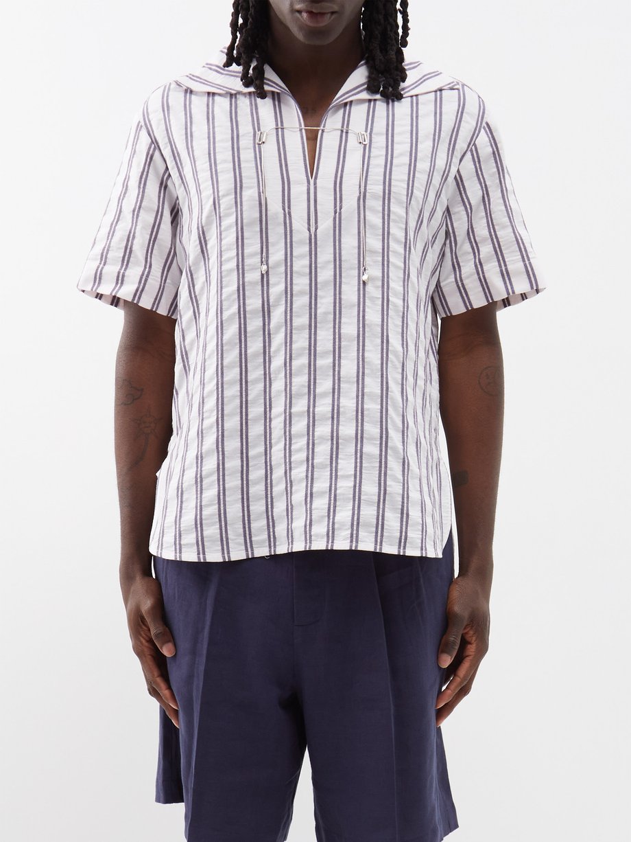 White Open-neck stripe-jacquard shirt | Zeus + Dione | MATCHES UK