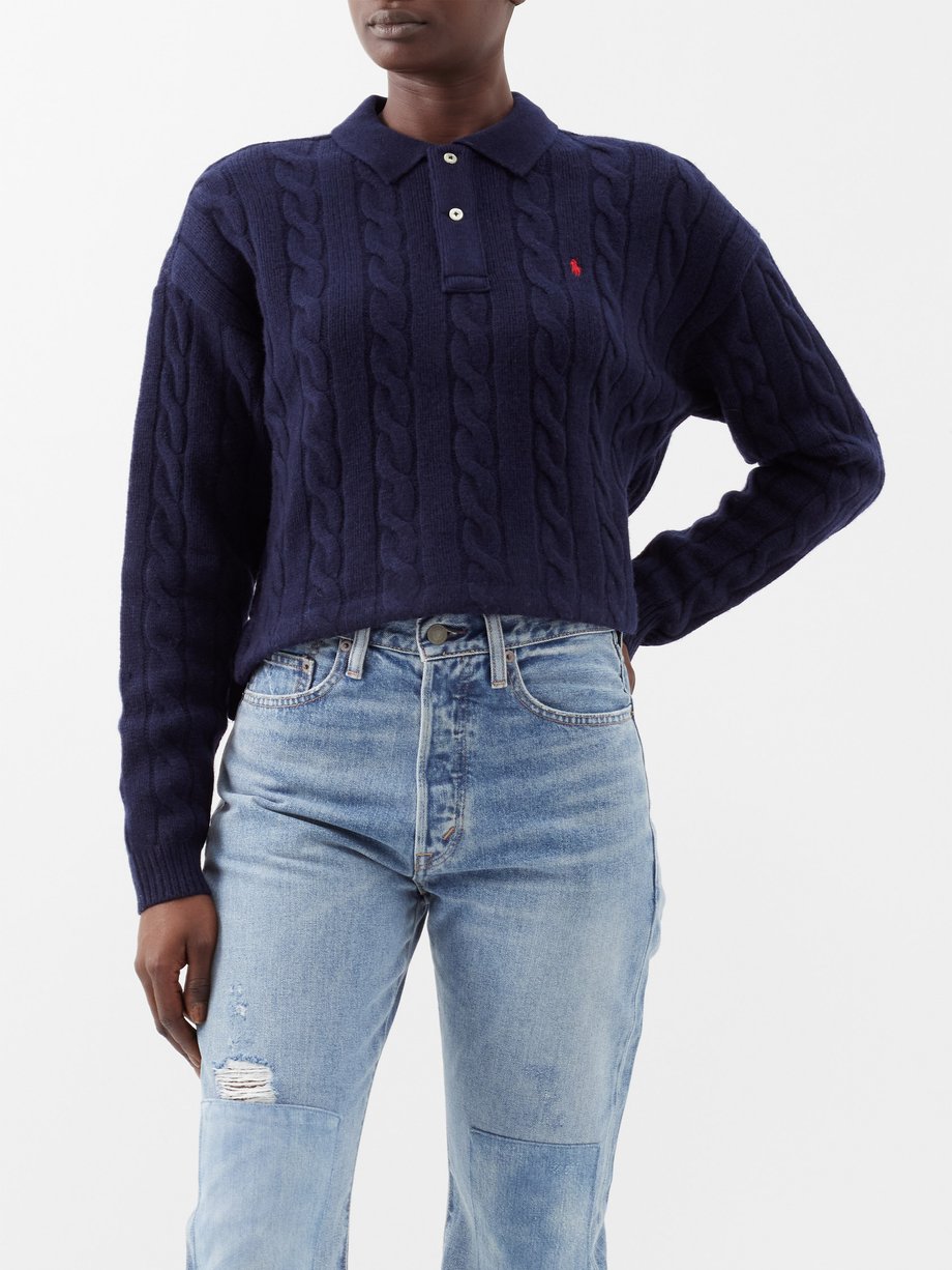 Navy Cable-knit wool-blend polo sweater, Polo Ralph Lauren