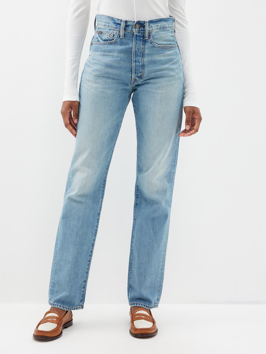 Blue High-rise faded straight-leg jeans