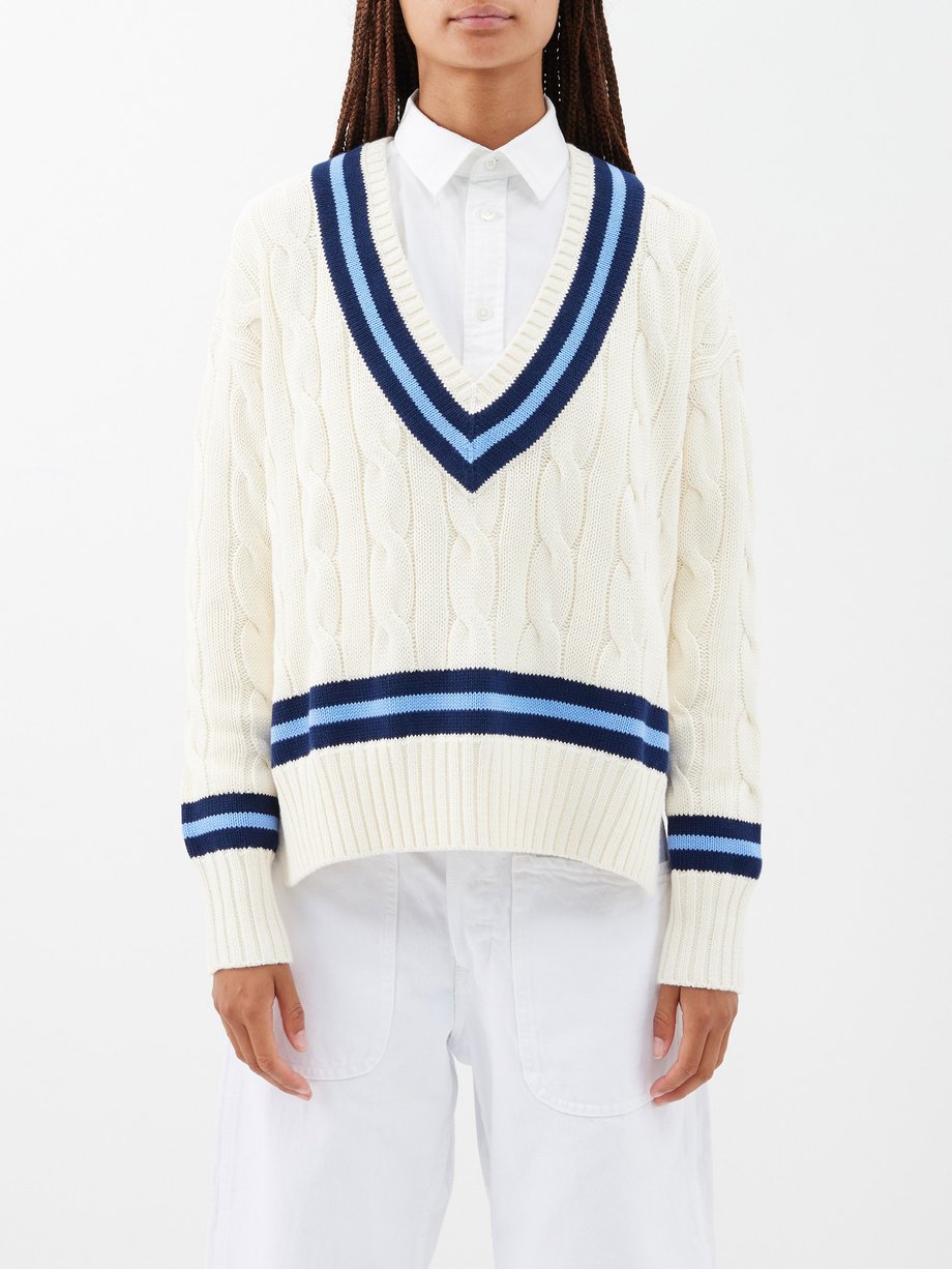 Neutral Striped cable-knit cotton sweater | Polo Ralph Lauren | MATCHES UK