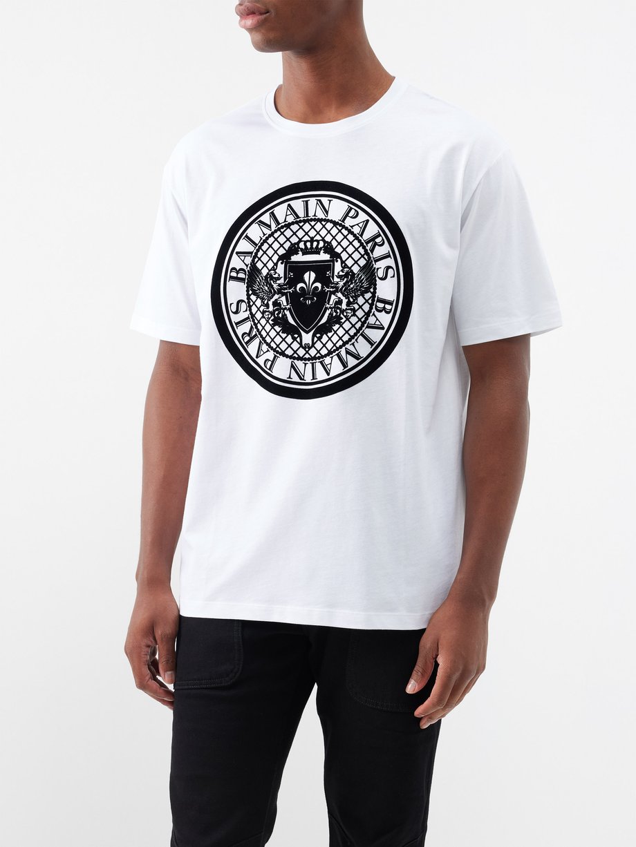 White Flocked-logo organic-cotton T-shirt | Balmain | MATCHES US