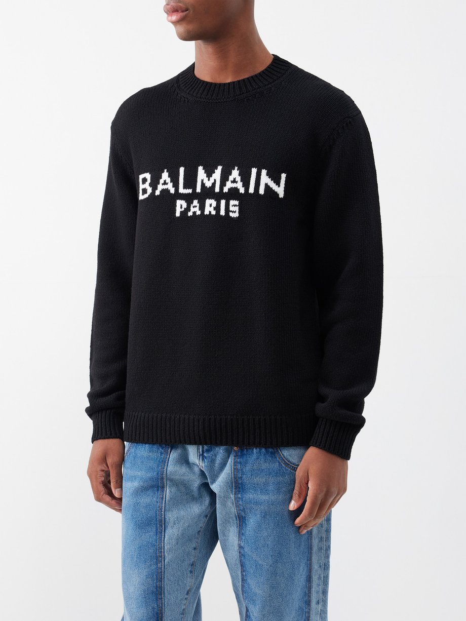Black Intarsia-logo wool-blend jumper | Balmain | MATCHESFASHION US