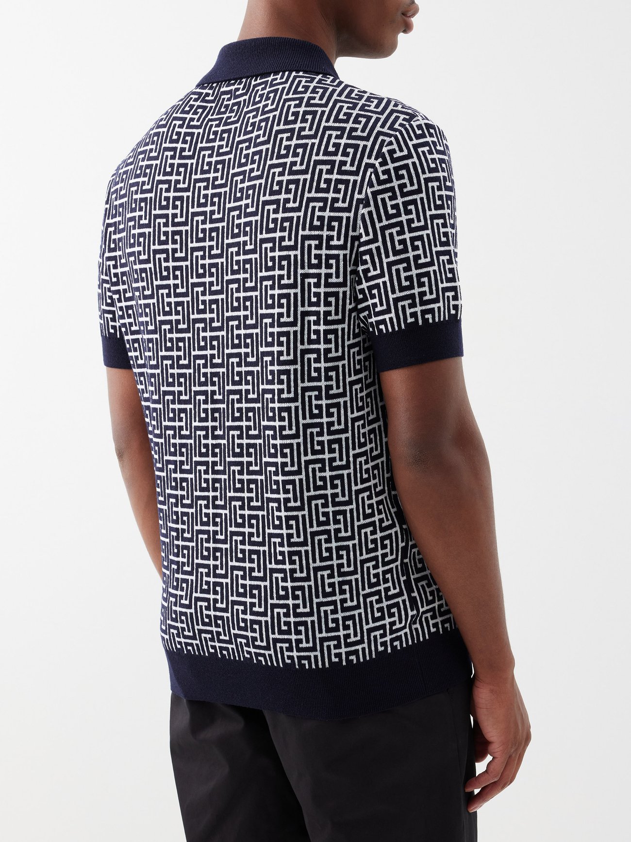 Navy Monogram-jacquard wool-blend polo shirt, Balmain