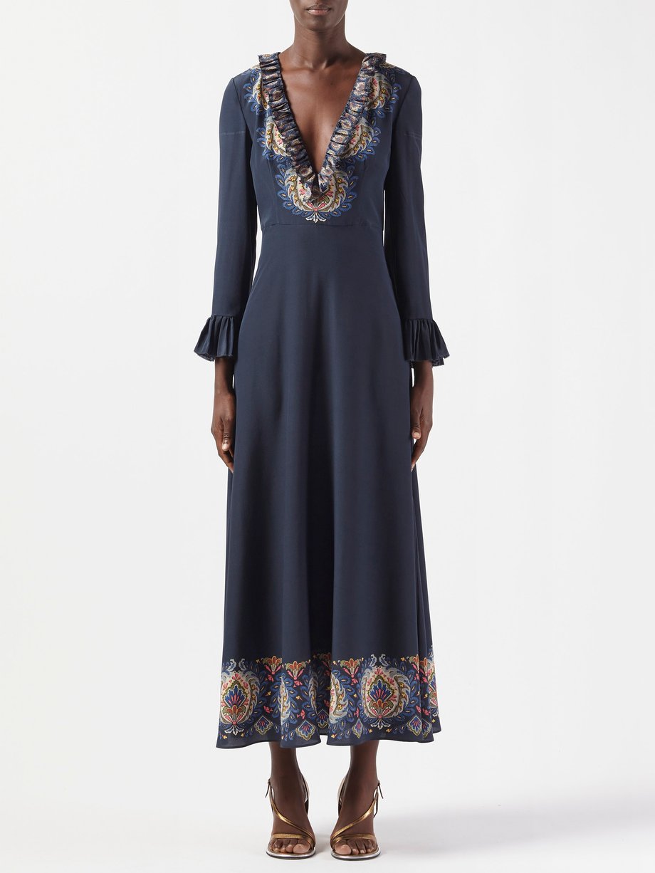 Etro Ruffled V-neck paisley-print silk-twill dress